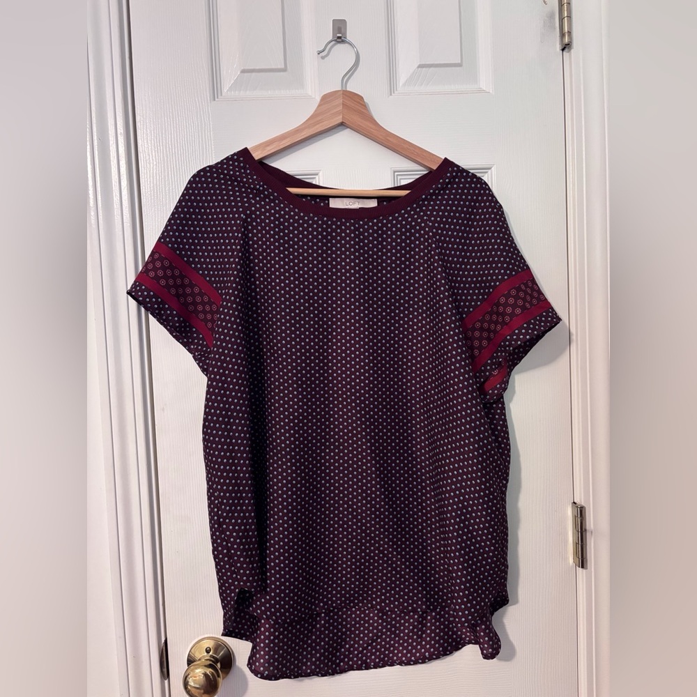 LOFT Plum Polka Dot Short Sleeve Tunic with Accent Bands